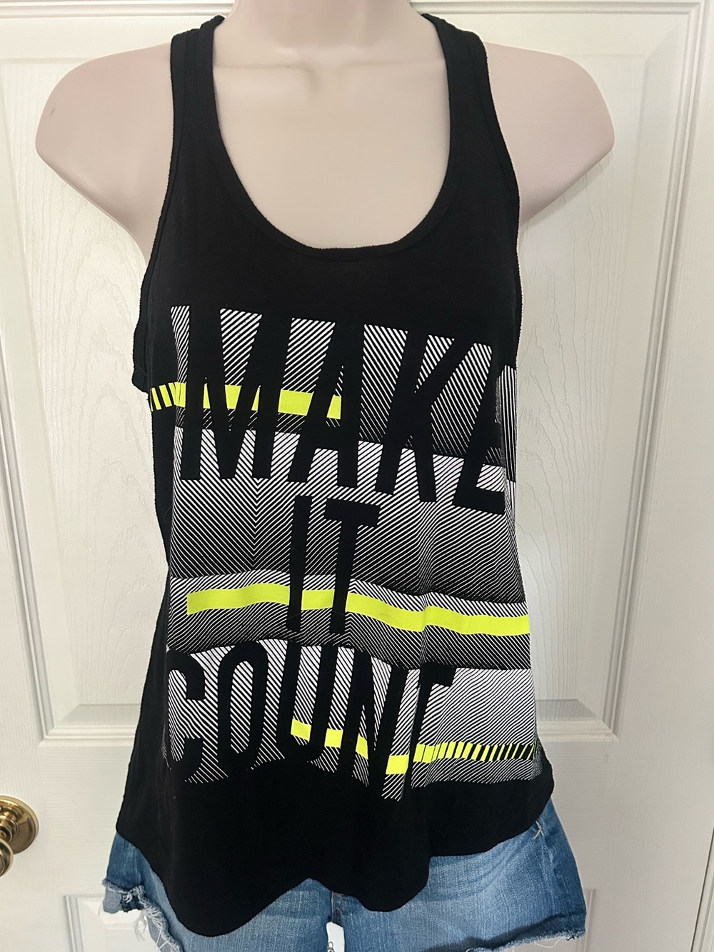 Women’s, Xersion, Black Racerback Athletic Tank Top with Neon Yellow Graphic, Sm